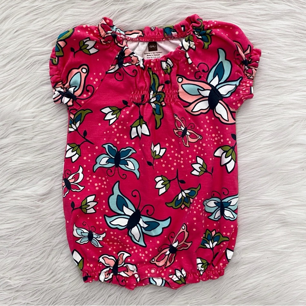 Tea Collection Girls Pink Butterfly Floral Short Sleeve Baby Romper One Piece